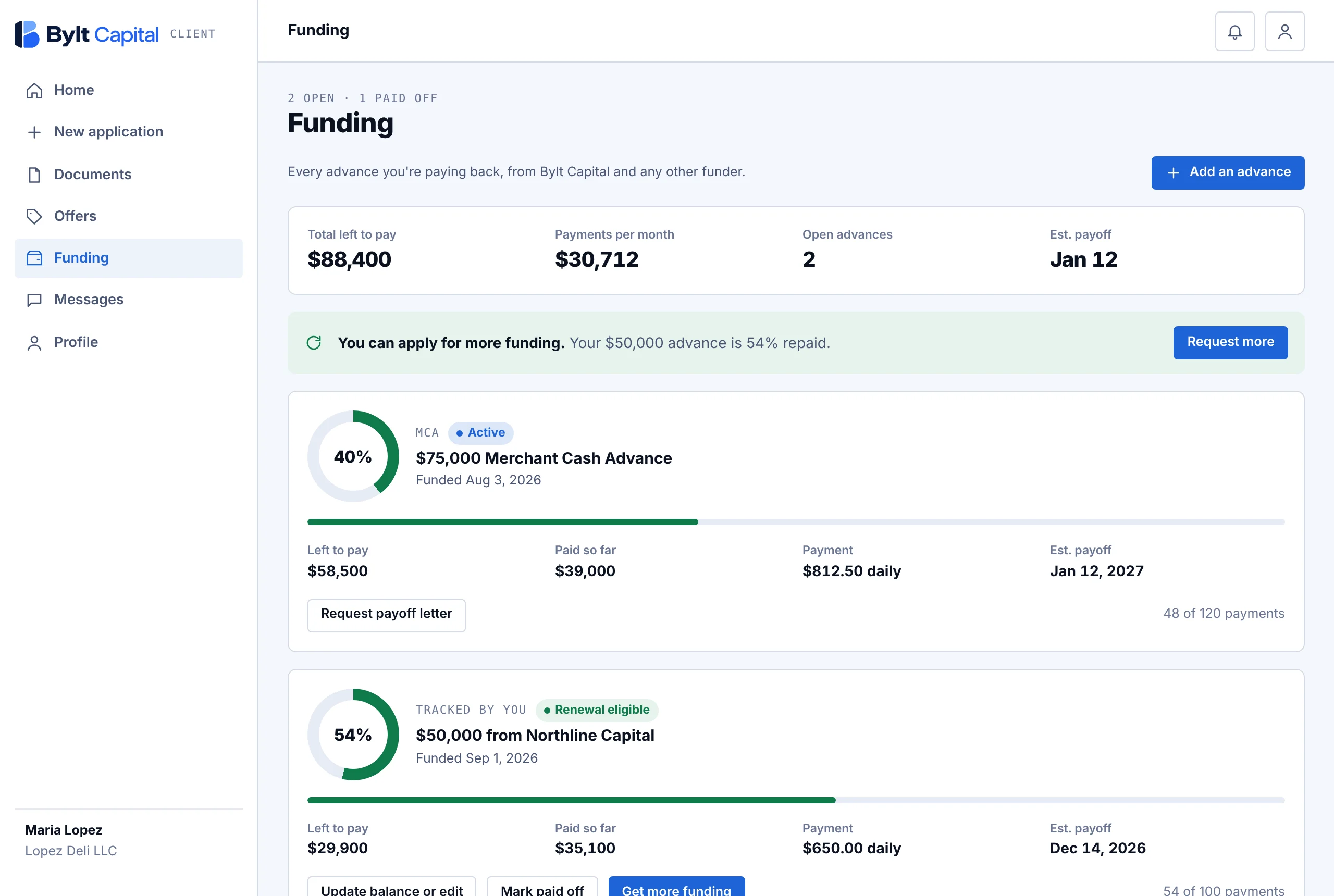 The Bylt Capital advance tracker on a computer: total left to pay, payments per month and each advance with its payoff progress